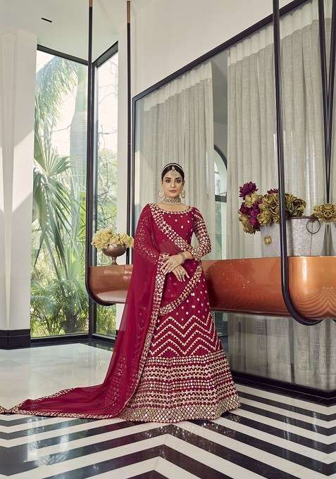 Red Embroidered Poly Blend Lehenga Set for Diwali and Festive Wear