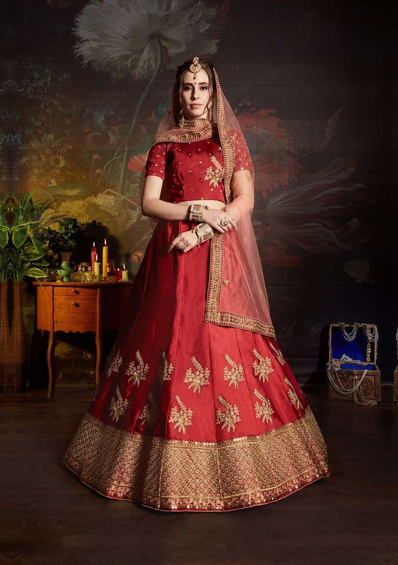 Maroon Embroidered Poly Blend Lehenga Set for Diwali and Festive Wear - Indya