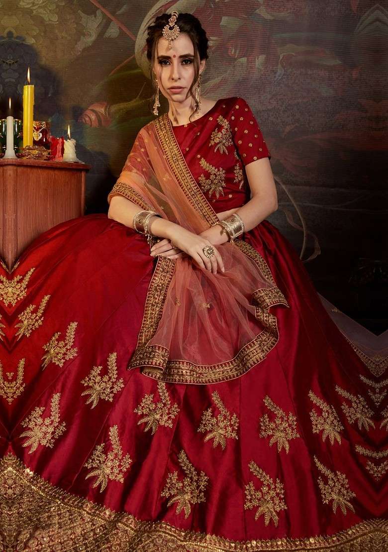 Maroon Embroidered Poly Blend Lehenga Set for Diwali and Festive Wear - Indya