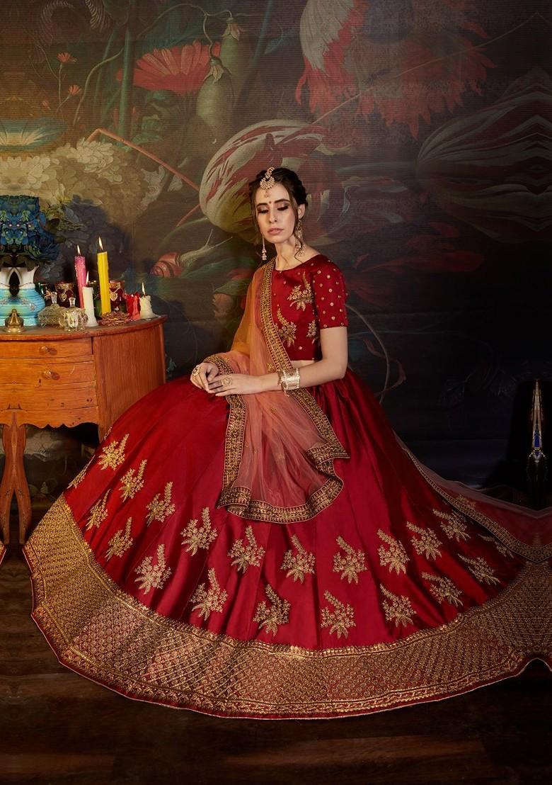 Maroon Embroidered Poly Blend Lehenga Set