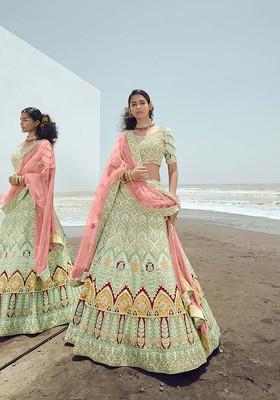 Green Embroidered Poly Blend Lehenga Set