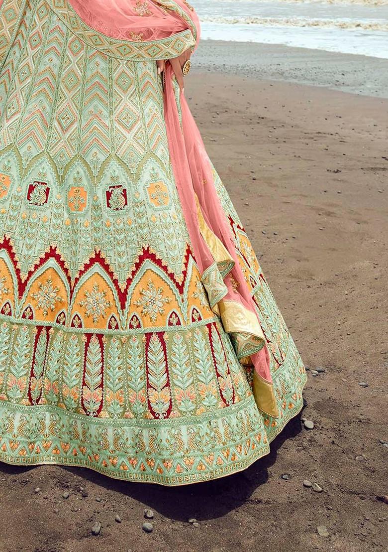 Green Embroidered Poly Blend Lehenga Set