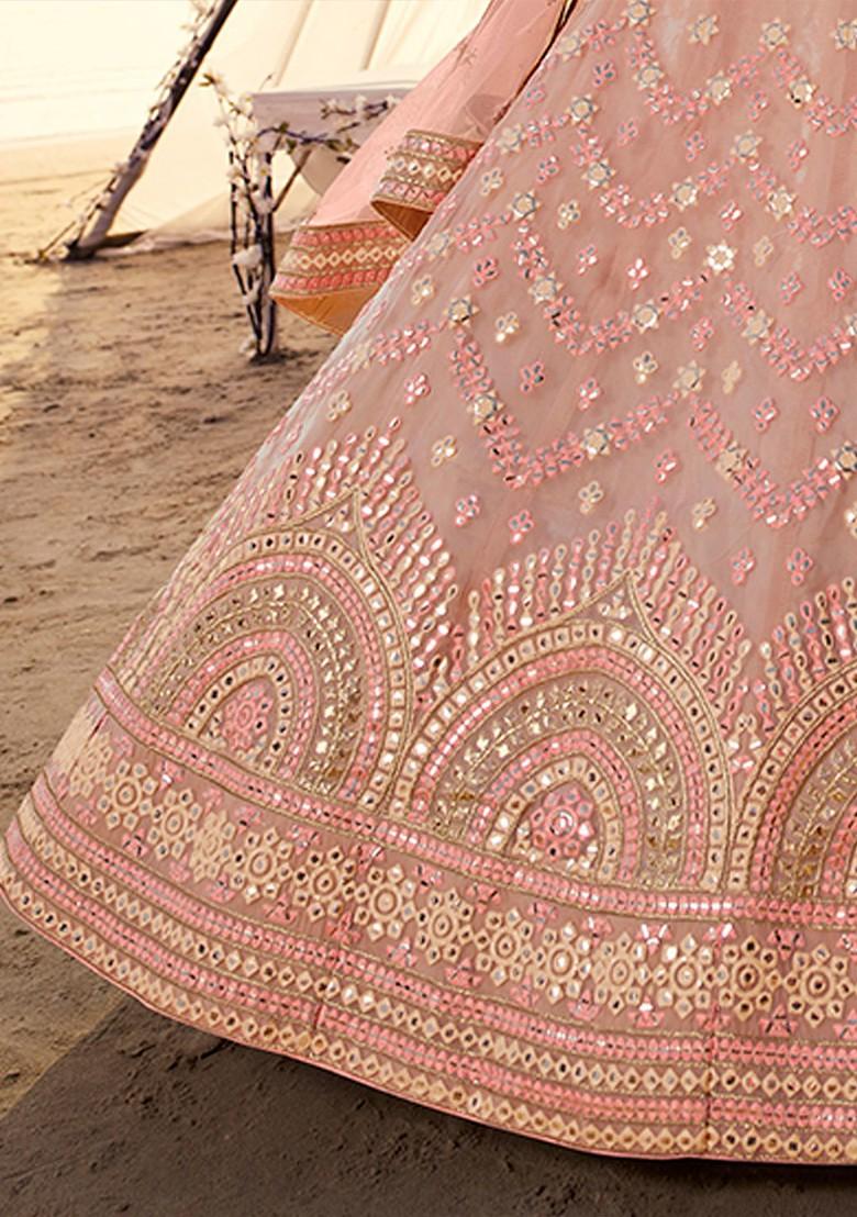 Peach Mirror Work Poly Blend Lehenga Set