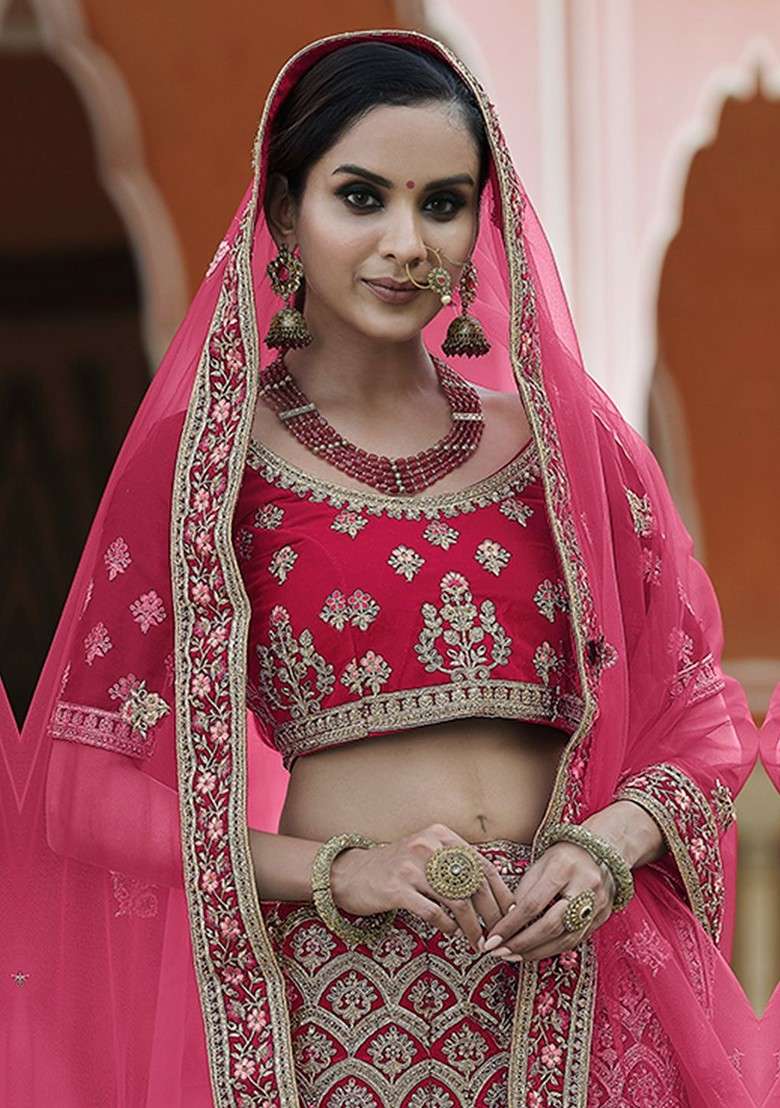 Pink Embroidered Poly Blend Lehenga Set - Indya