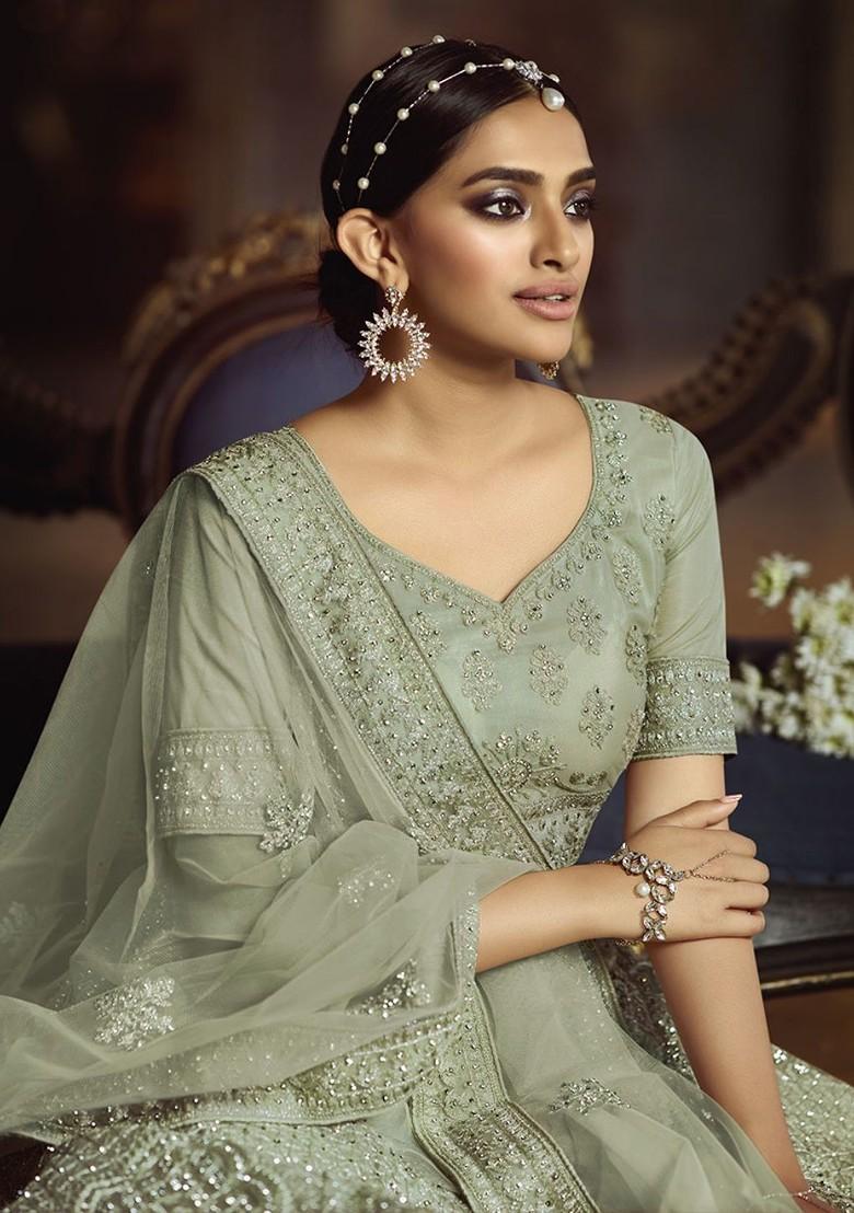 Green Embroidered Poly Blend Lehenga Set