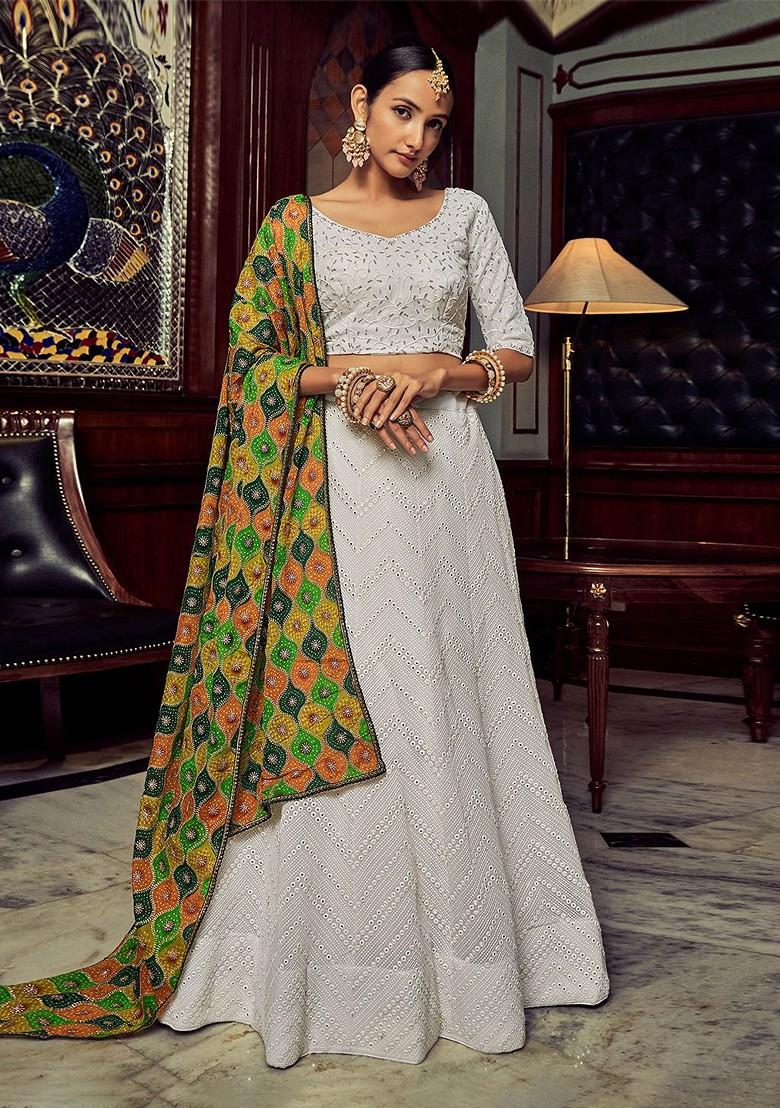 White Embellished Poly Blend Lehenga Set