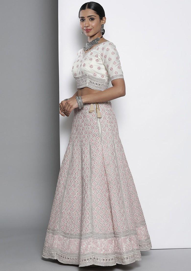 White Embroidered Poly Blend Lehenga Set