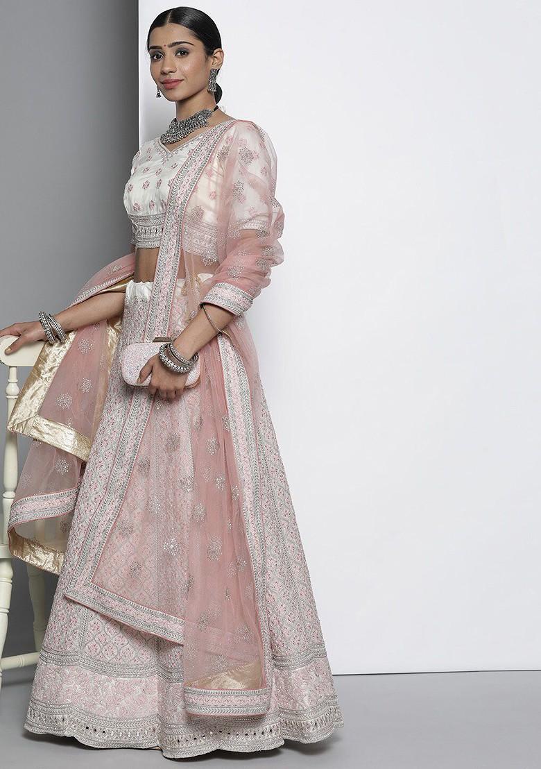 White Embroidered Poly Blend Lehenga Set