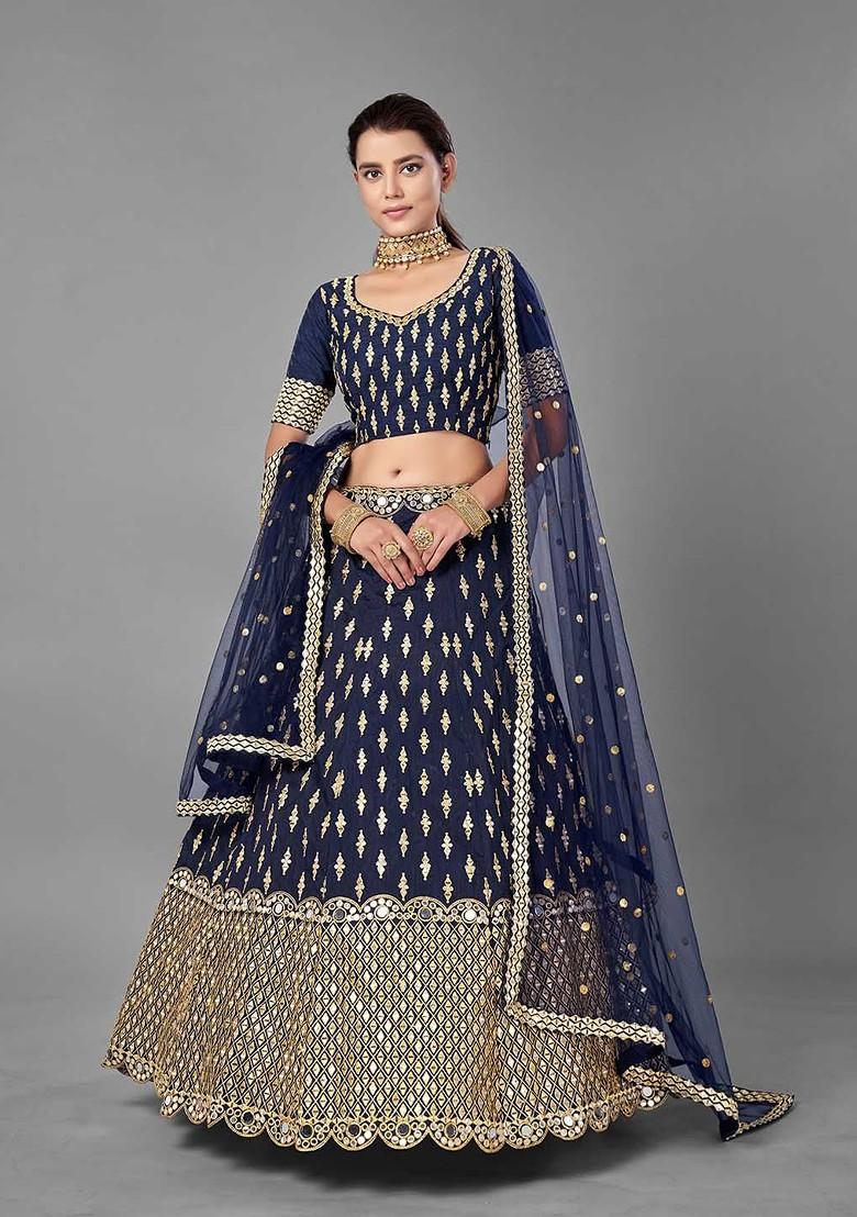 Blue Embroidered Poly Blend Lehenga Set