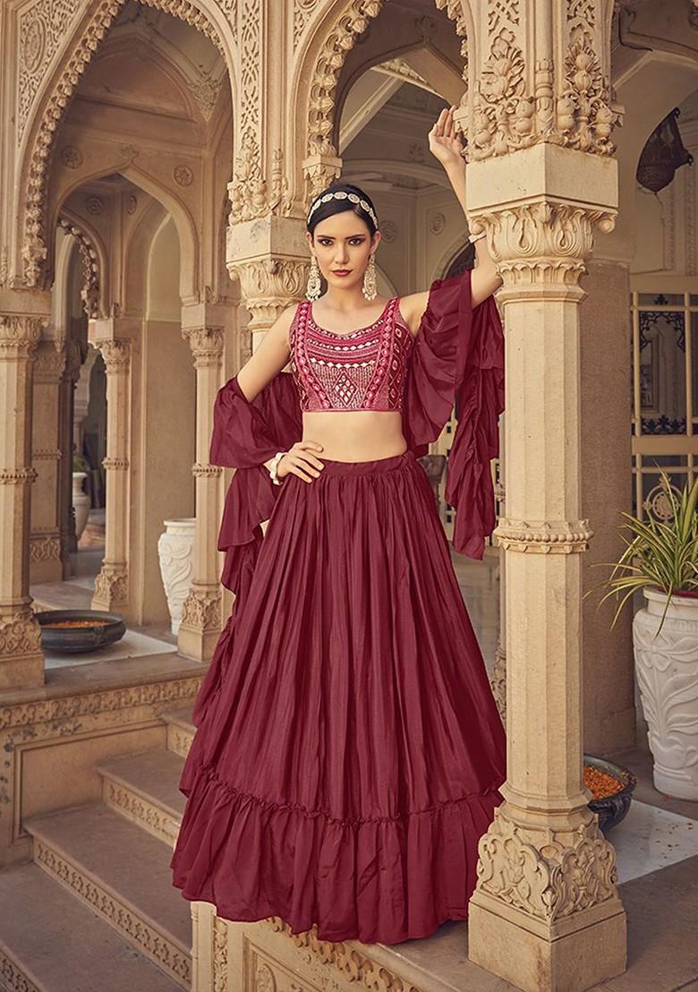 Maroon Mirror Work Poly Blend Lehenga Set