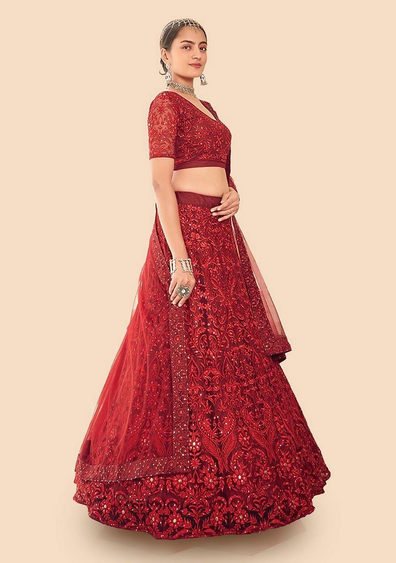 Maroon Embroidered Poly Blend Lehenga Set