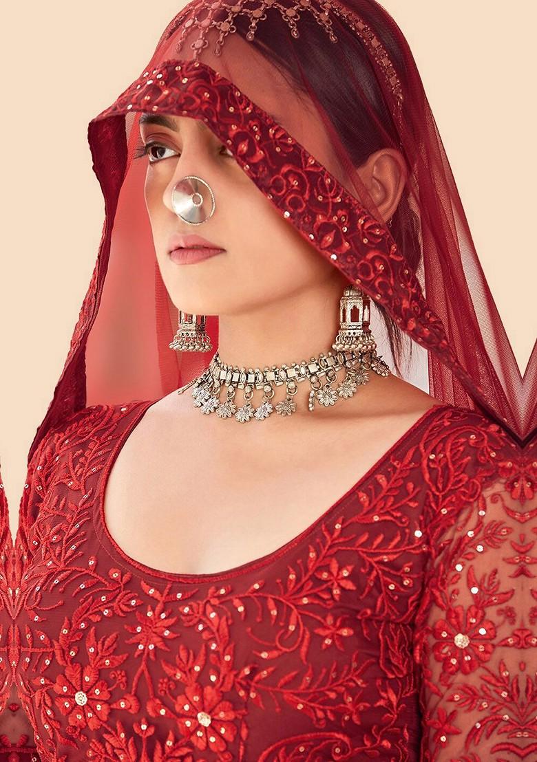 Maroon Embroidered Poly Blend Lehenga Set