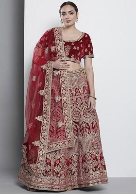 Maroon Embroidered Poly Blend Lehenga Set