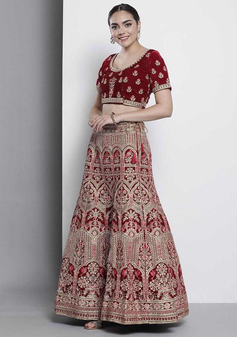 Maroon Embroidered Poly Blend Lehenga Set