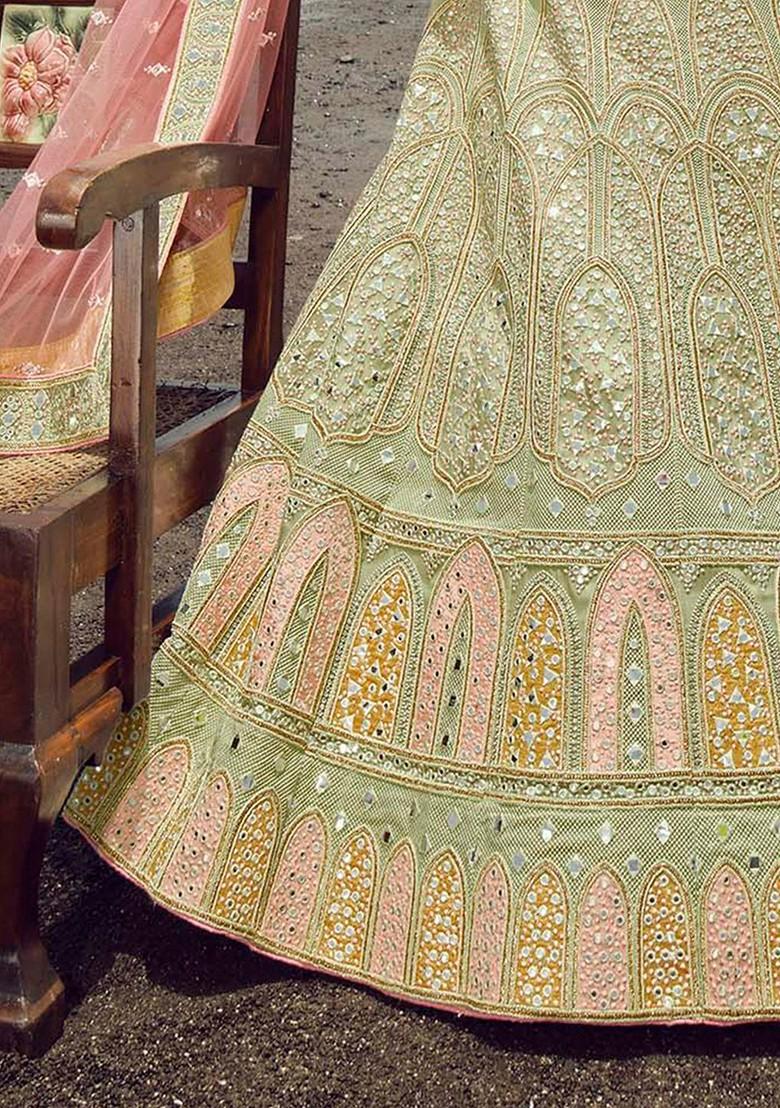 Green Mirror Work Poly Blend Lehenga Set
