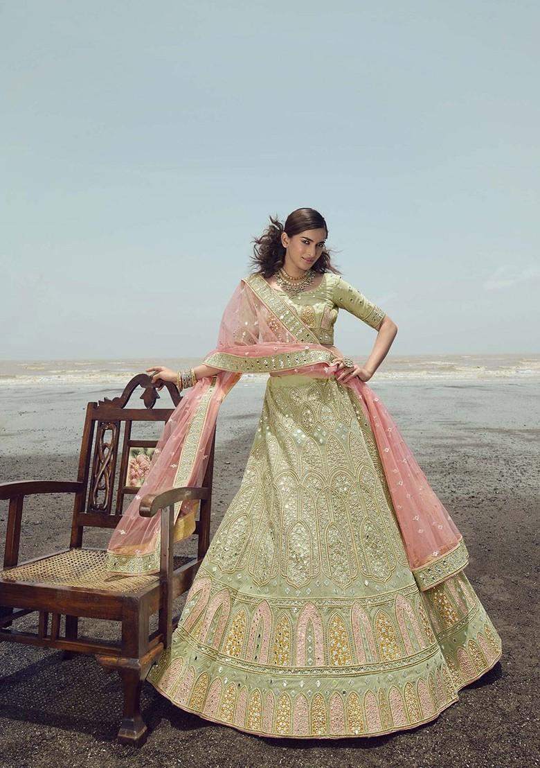 Green Mirror Work Poly Blend Lehenga Set