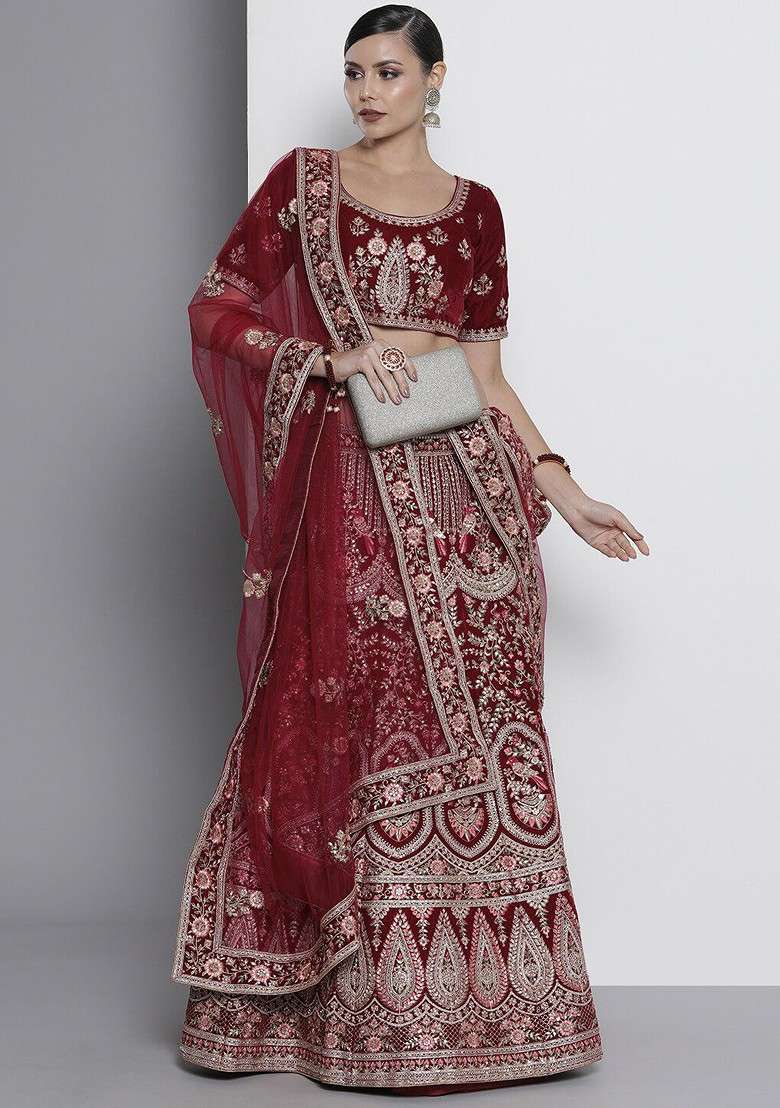 Maroon Embroidered Poly Blend Lehenga Set - Indya