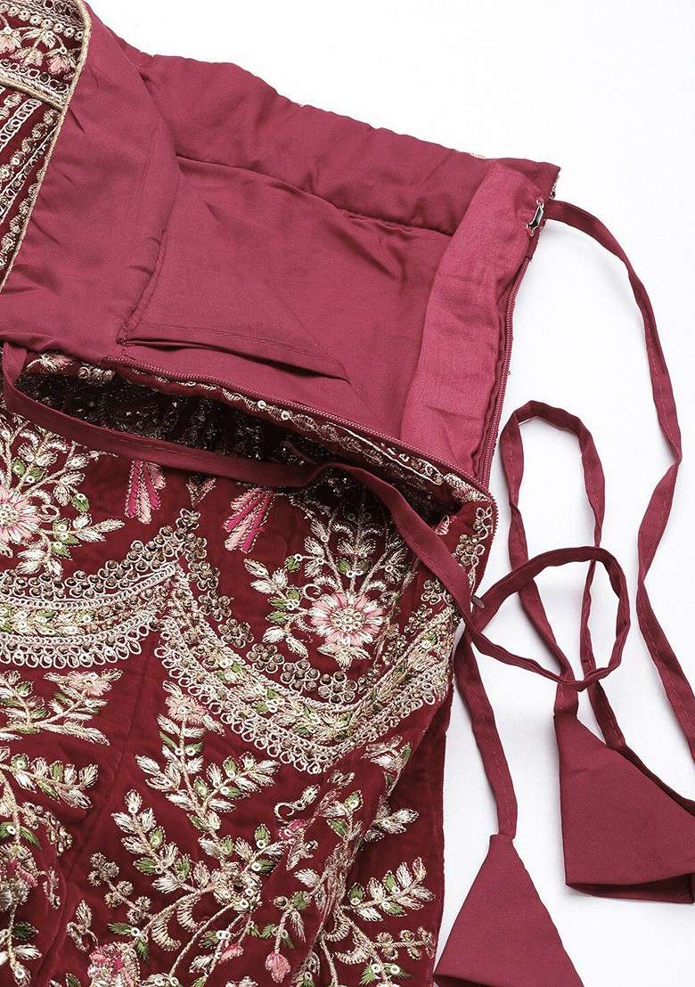 Maroon Embroidered Poly Blend Lehenga Set - Indya