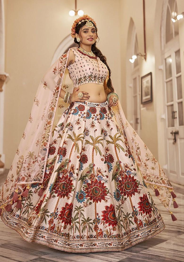 White Printed Poly Blend Lehenga Set