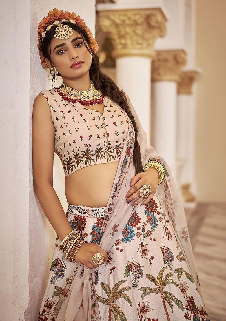 White Printed Poly Blend Lehenga Set
