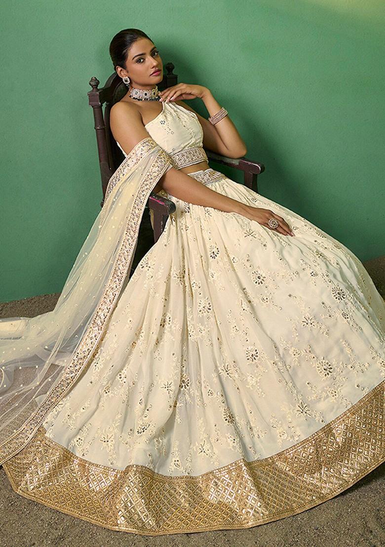 Cream Embroidered Poly Blend Lehenga Set