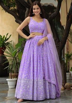 Purple Embroidered Poly Blend Lehenga Set