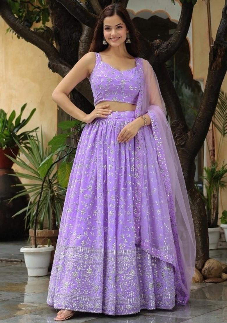 Purple Embroidered Poly Blend Lehenga Set