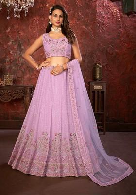 Purple Embroidered Poly Blend Lehenga Set