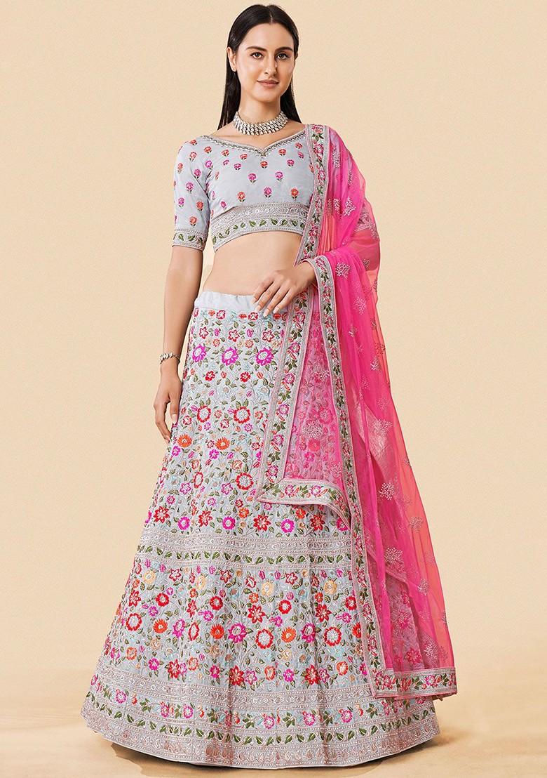 Grey Embroidered Poly Blend Lehenga Set