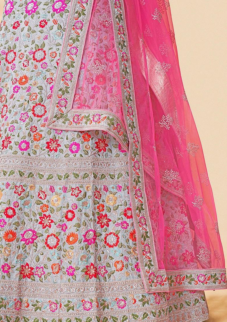 Grey Embroidered Poly Blend Lehenga Set