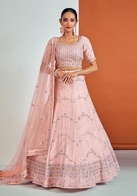 Peach Embroidered Poly Blend Lehenga Set