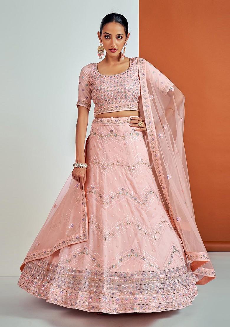 Peach Embroidered Poly Blend Lehenga Set