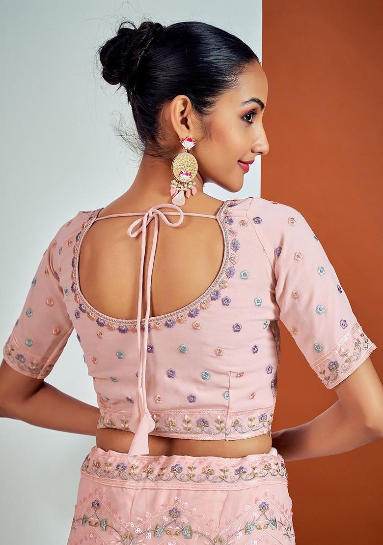 Peach Embroidered Poly Blend Lehenga Set