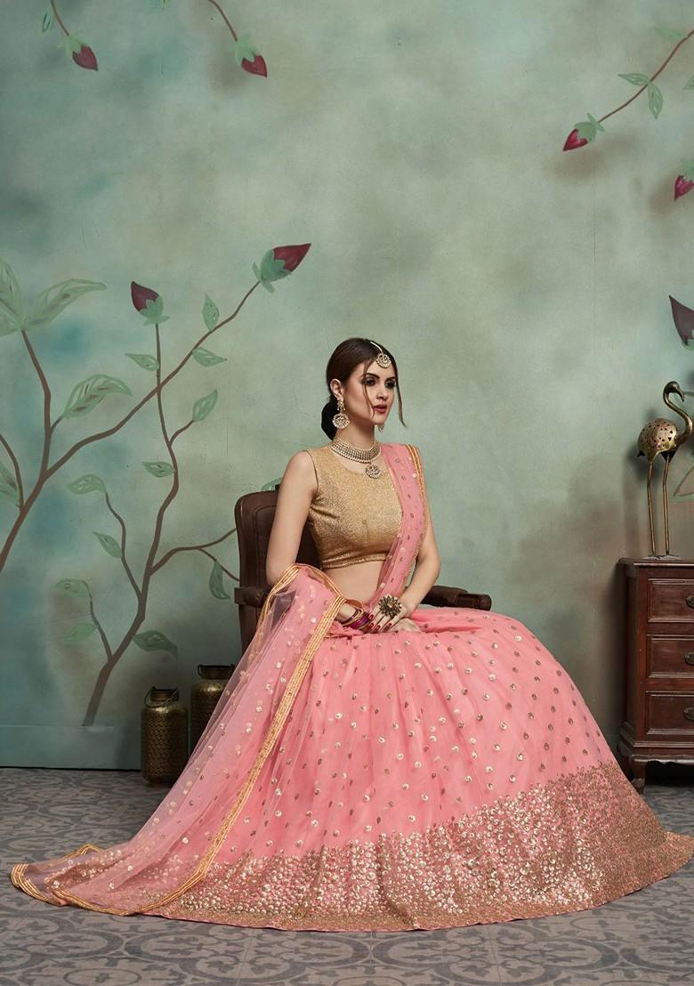 Beige Sequin Embroidered Poly Blend Lehenga Set