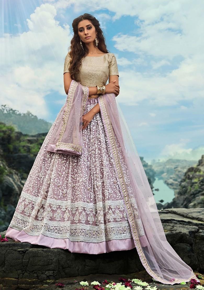 Purple Embroidered Poly Blend Lehenga Set