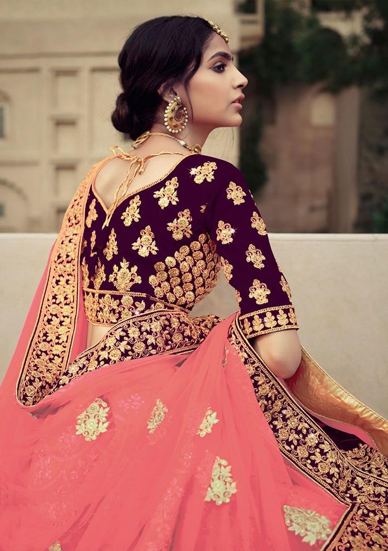 Maroon Embroidered Poly Blend Lehenga Set
