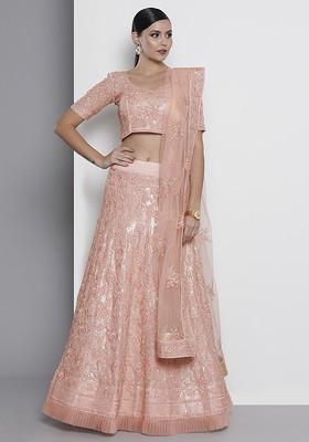 Peach Embroidered Poly Blend Lehenga Set