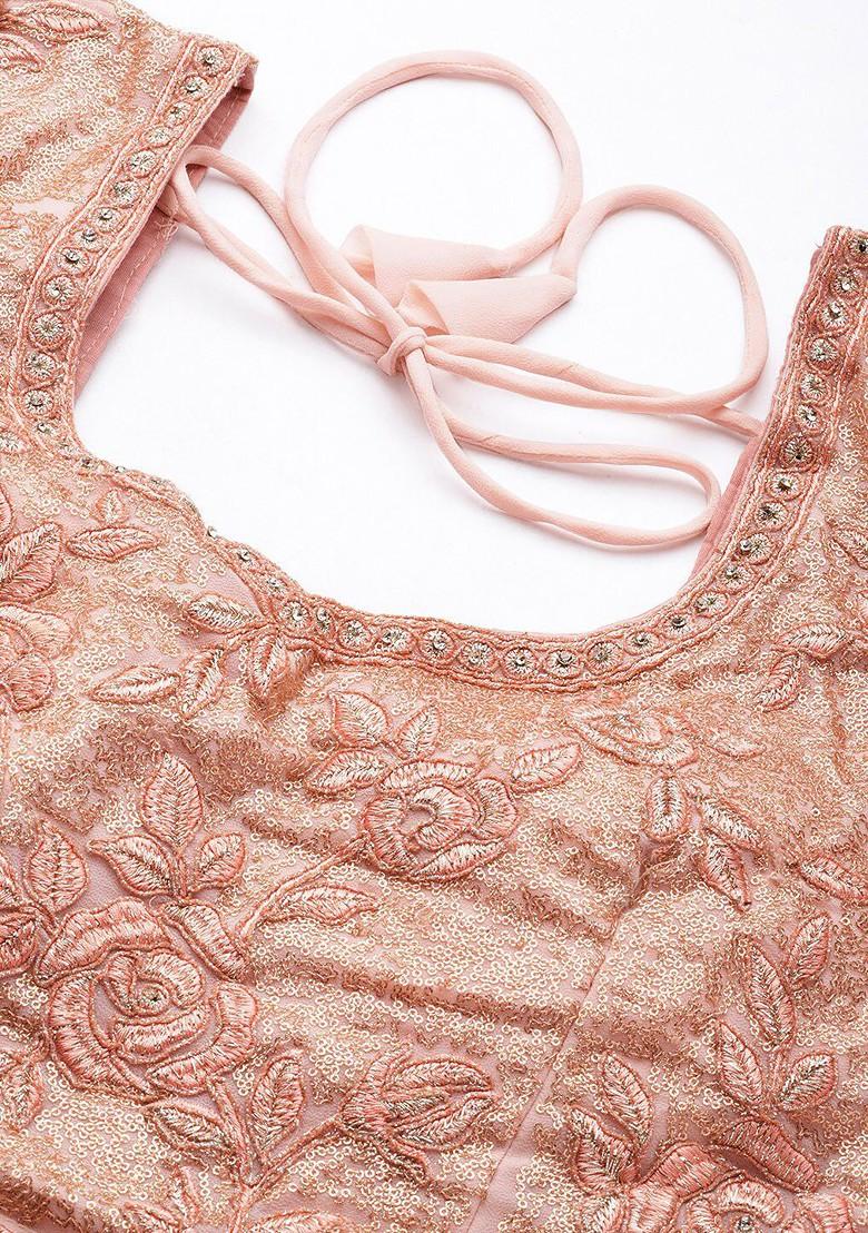 Peach Embroidered Poly Blend Lehenga Set