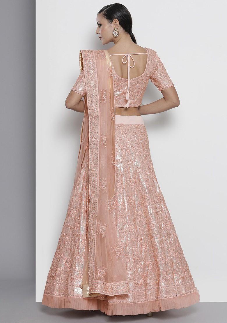 Peach Embroidered Poly Blend Lehenga Set