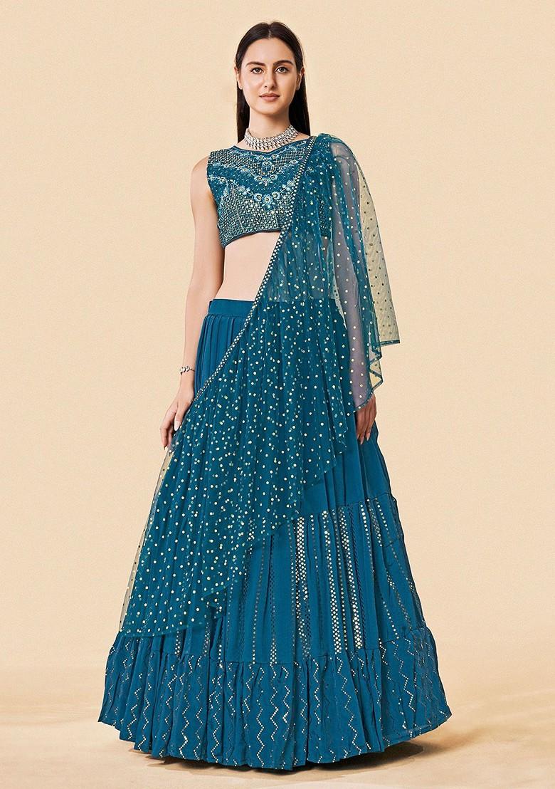 Green Mirror Work Poly Blend Lehenga Set