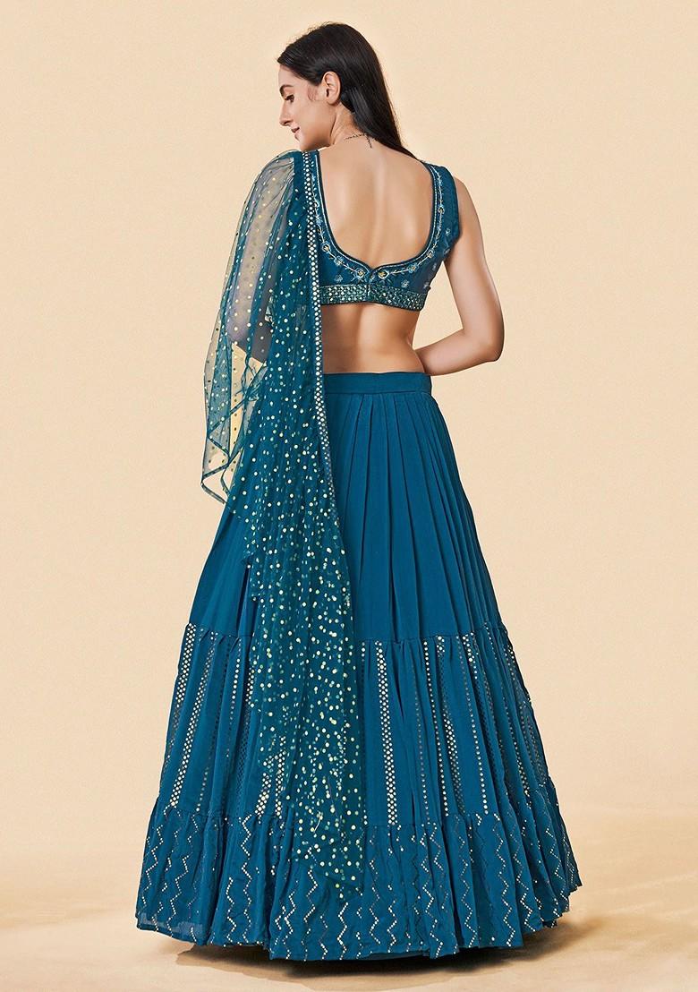 Green Mirror Work Poly Blend Lehenga Set