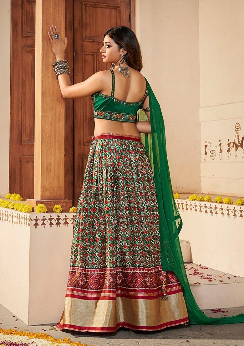 Green Mirror Work Poly Blend Lehenga Set