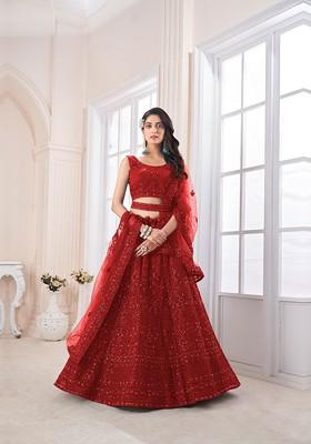 Red Embroidered Poly Blend Lehenga Set