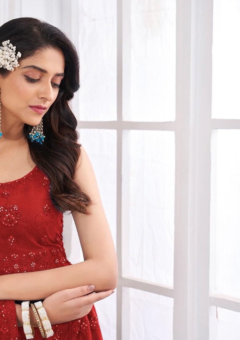 Red Embroidered Poly Blend Lehenga Set