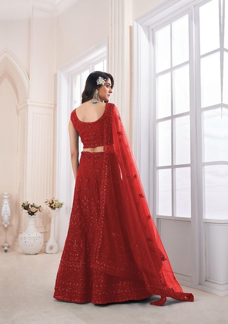 Red Embroidered Poly Blend Lehenga Set