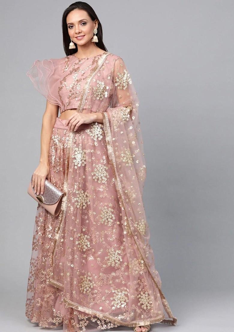 Pink Embellished Poly Blend Lehenga Set