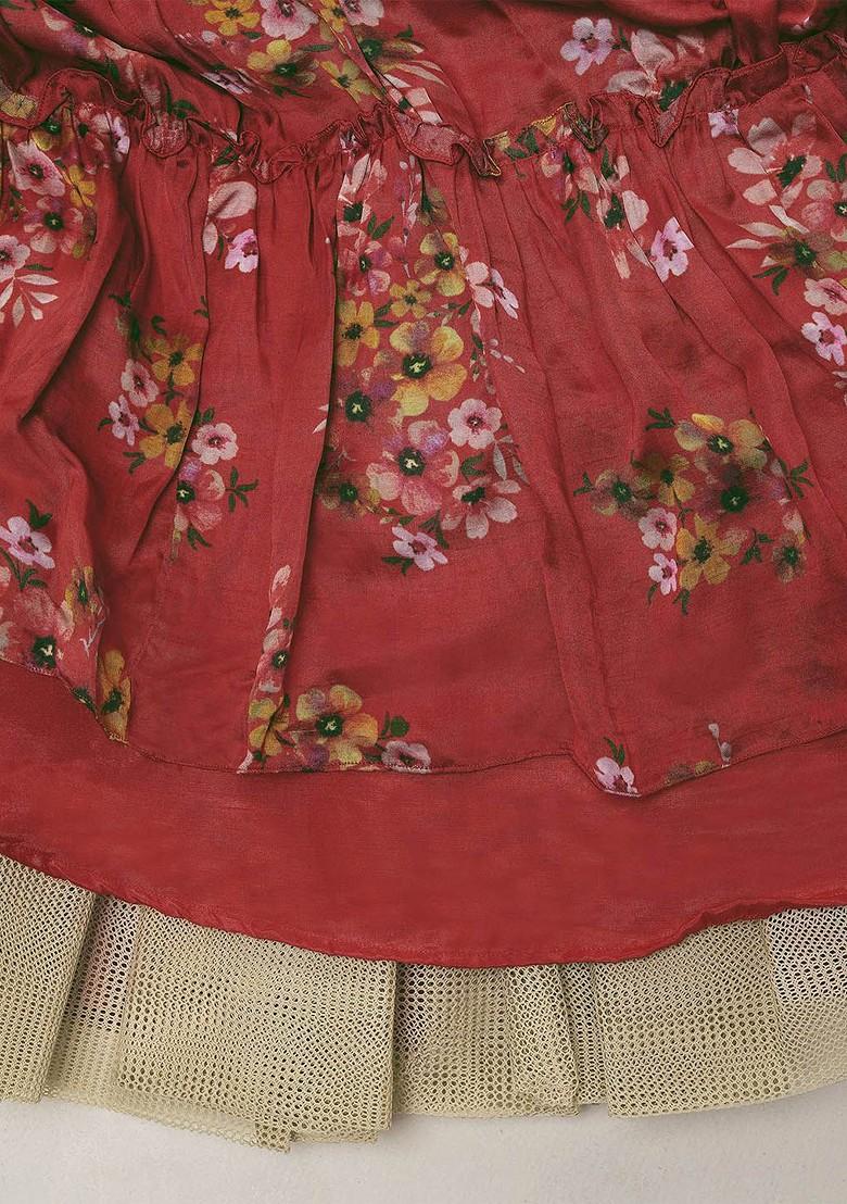 Red Printed Poly Blend Lehenga Set