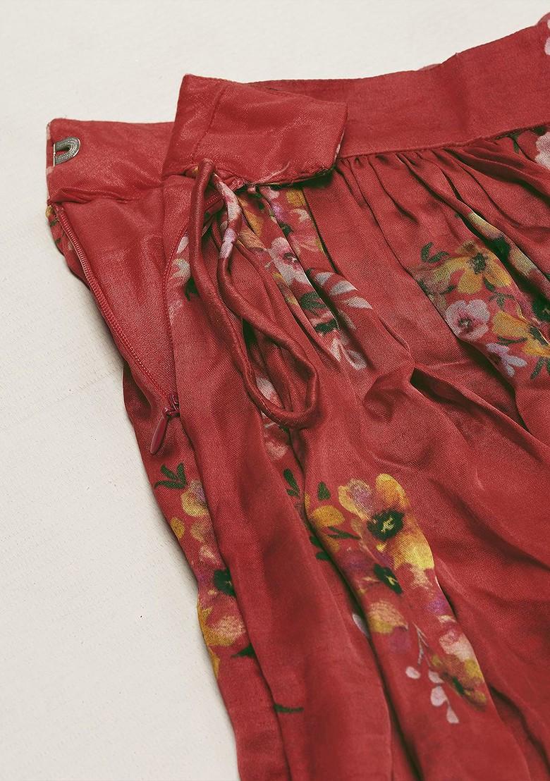 Red Printed Poly Blend Lehenga Set