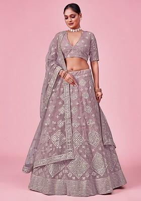 Brown Embroidered Poly Blend Lehenga Set