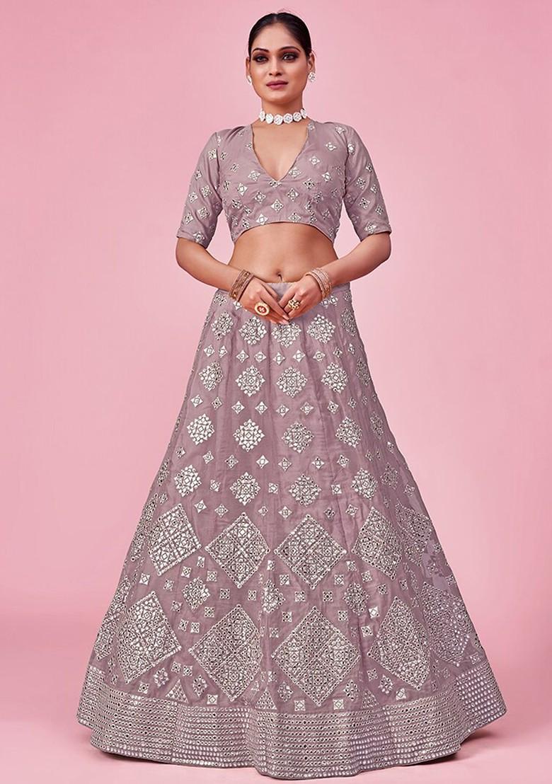 Brown Embroidered Poly Blend Lehenga Set